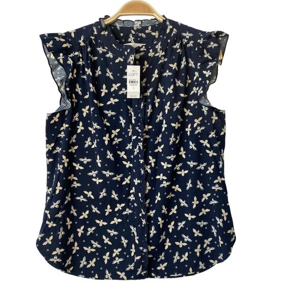 LOFT Ruffle‎ Bee Print Blouse Women S Navy Flutter Sleeve Novelty Button Up NWT - Picture 1 of 7